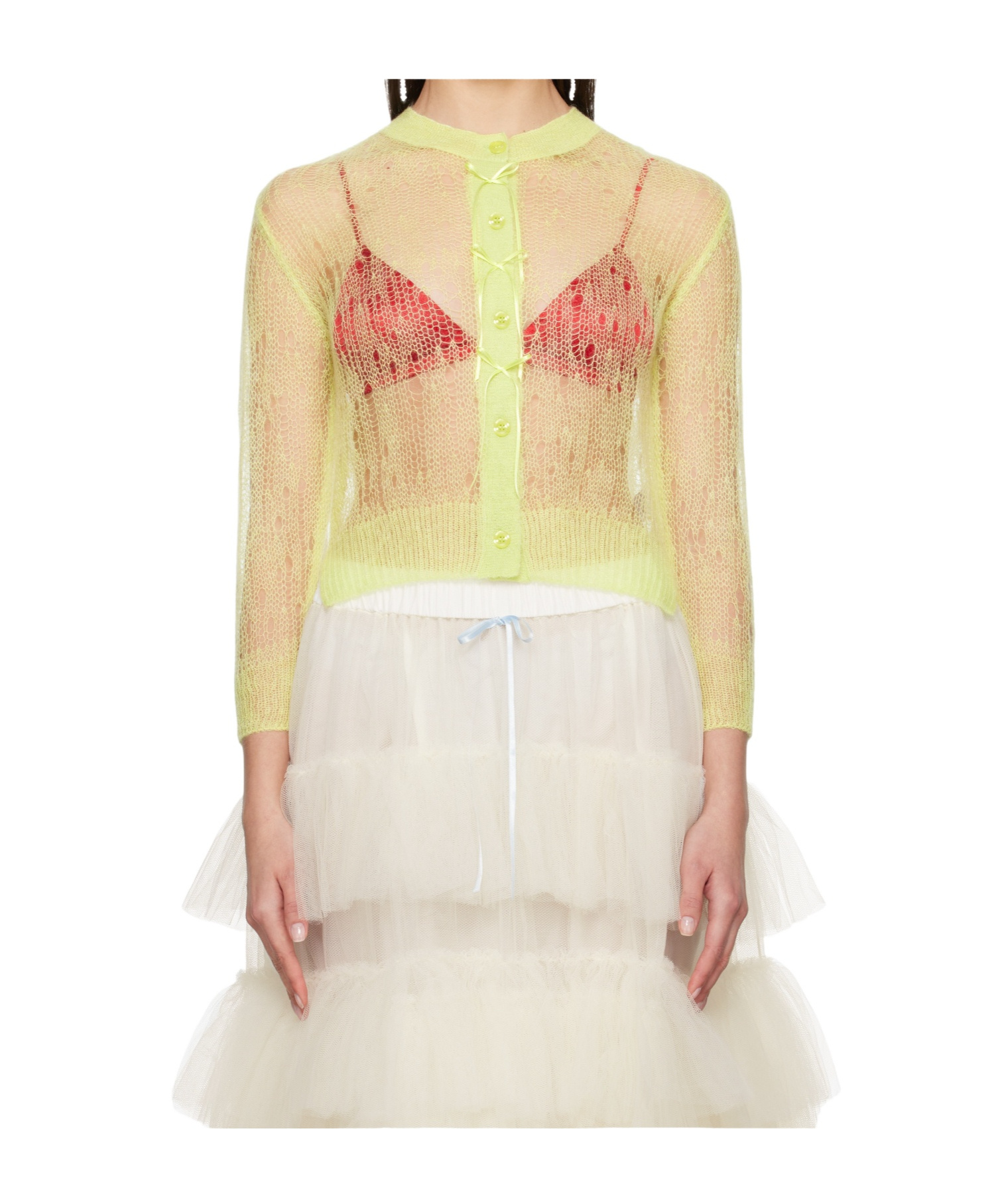 Simone Rocha Green Cropped Long Sleeve Cardigan In Nude