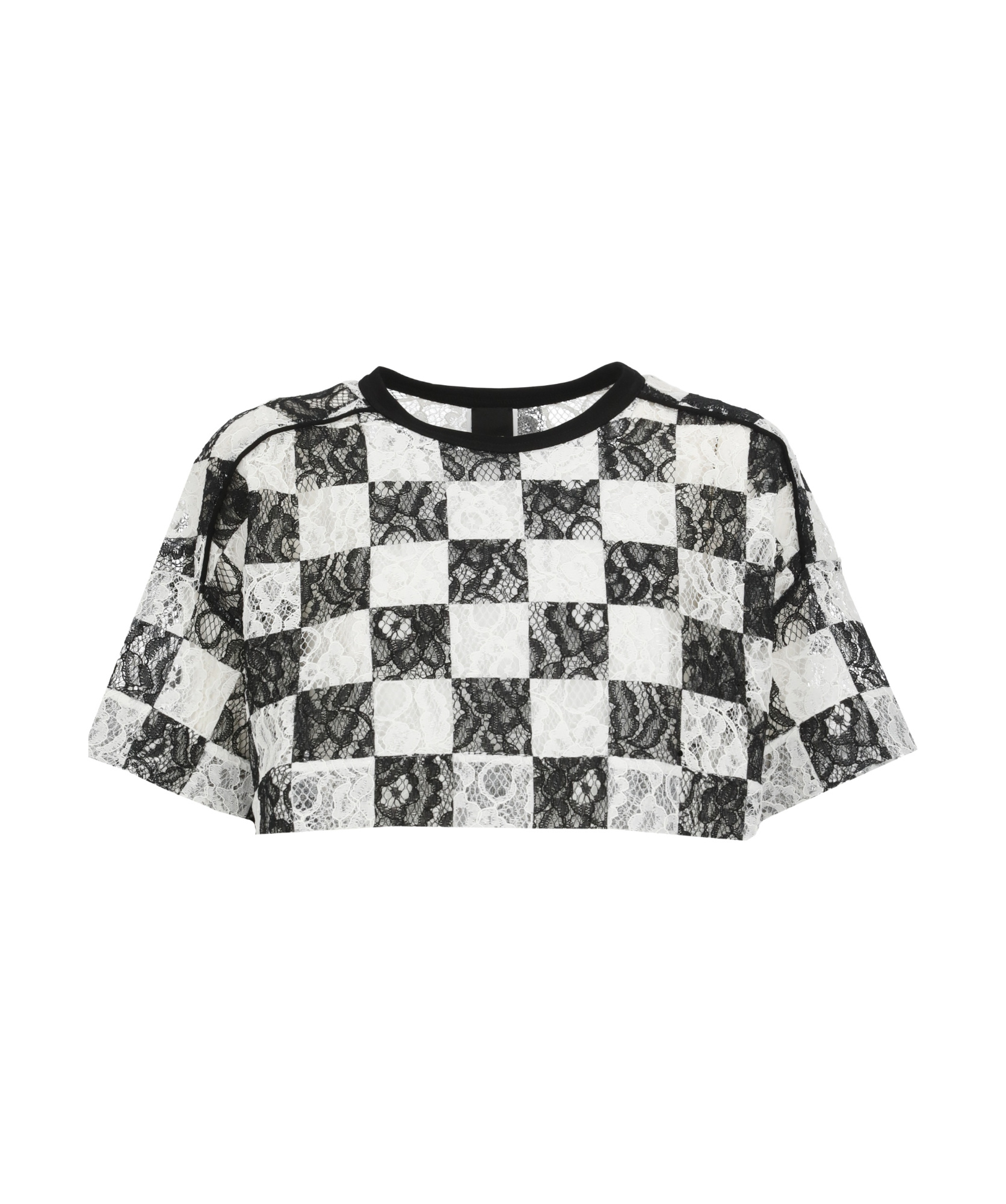 Shop Pinko Checked Cropped Lace T-shirt In White