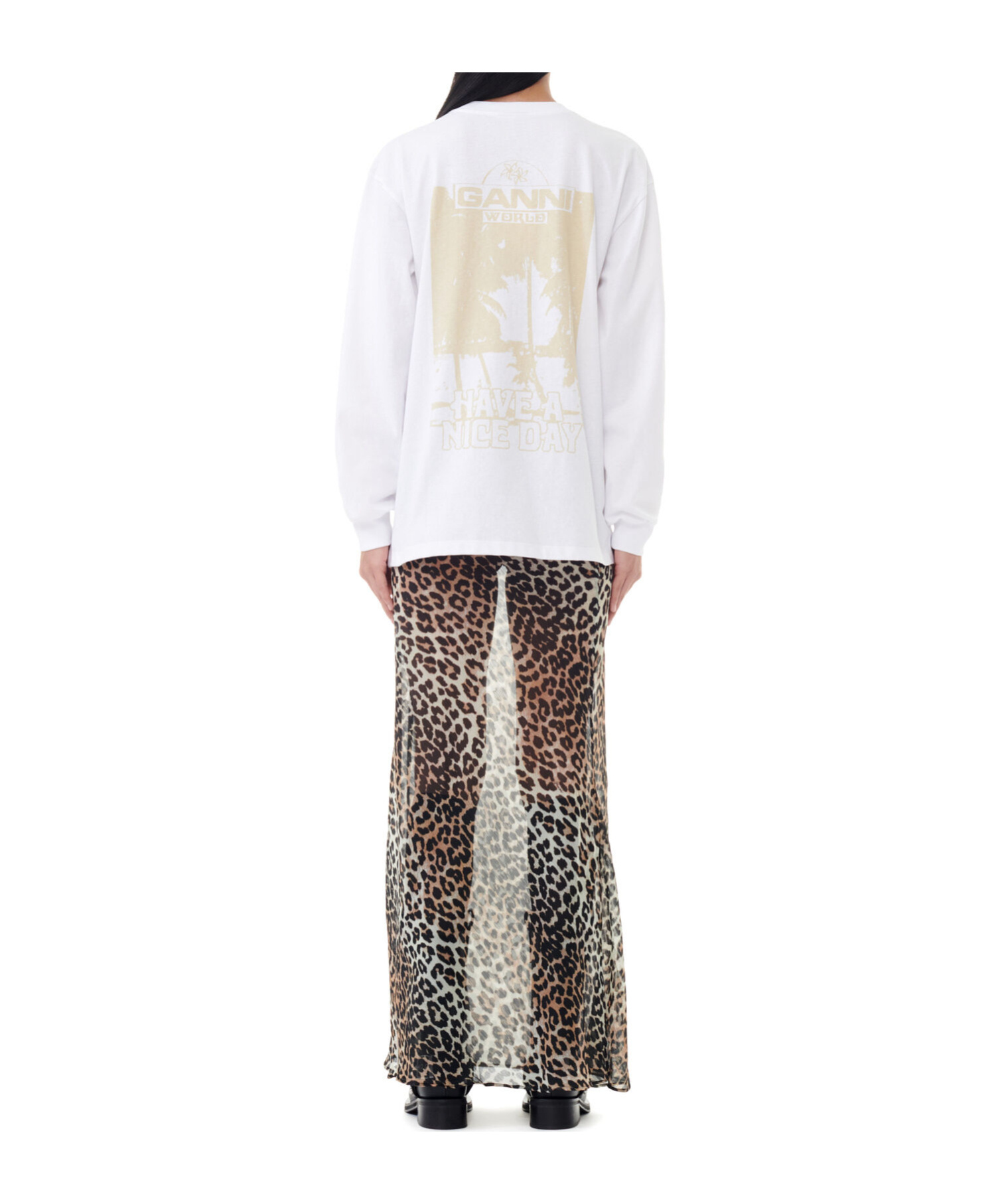 Ganni Future Heavy Jersey Palm Long Sleeve Tee Bright White In White