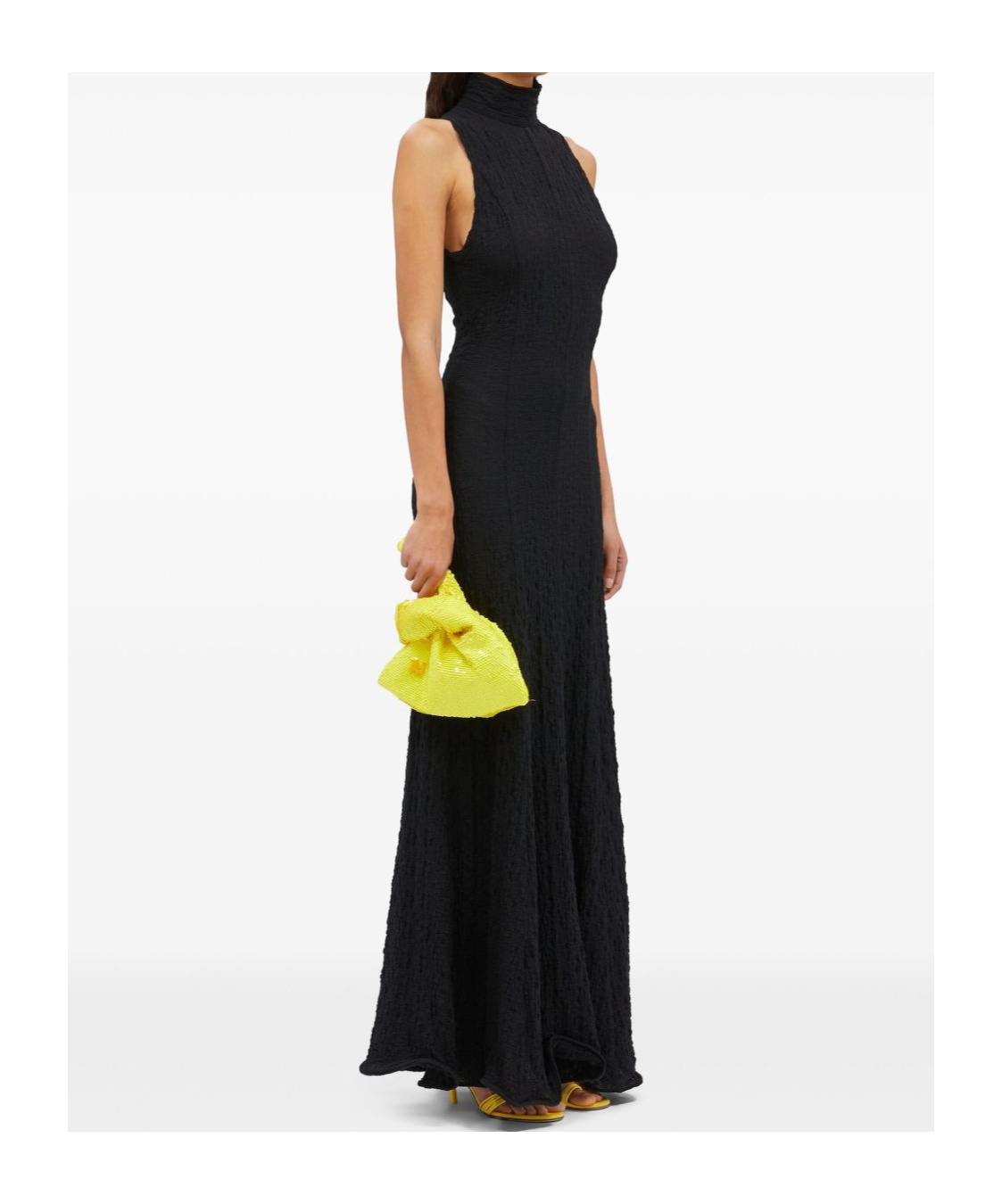 Msgm Maxi Dress With High Neck And Textured Fabric In Black