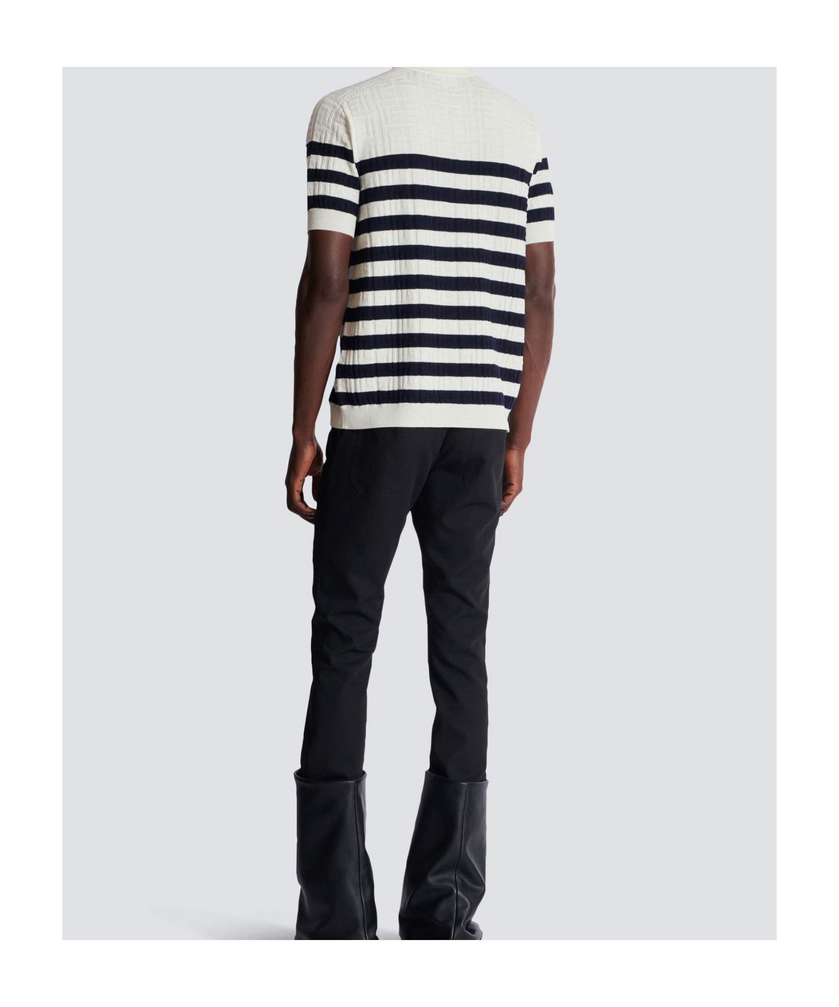 Balmain Striped Knit Polo Shirt With Monogram In Multi