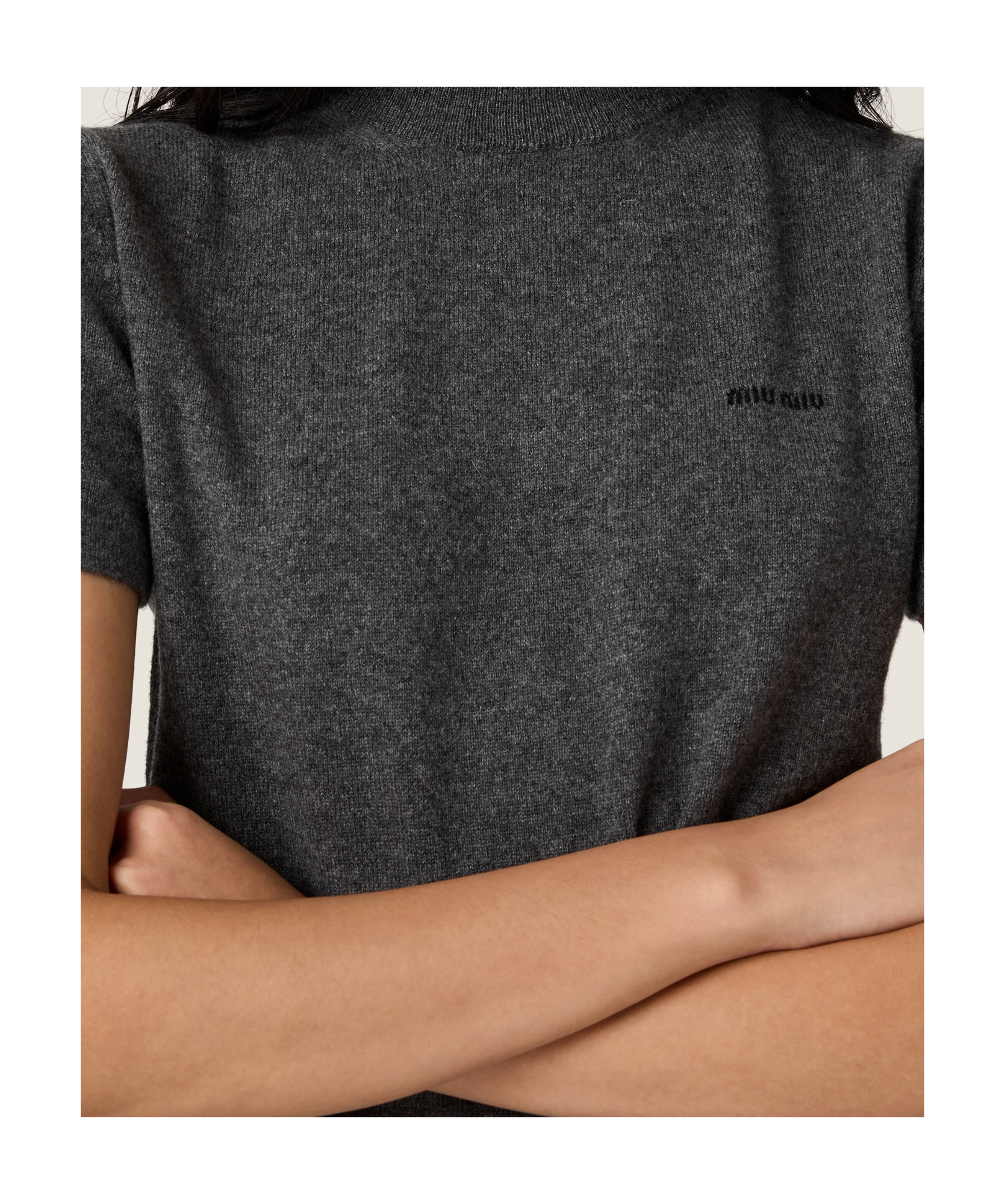 Miu Miu Cashmere Sweater With Mock Neck And Short Sleeves In Black