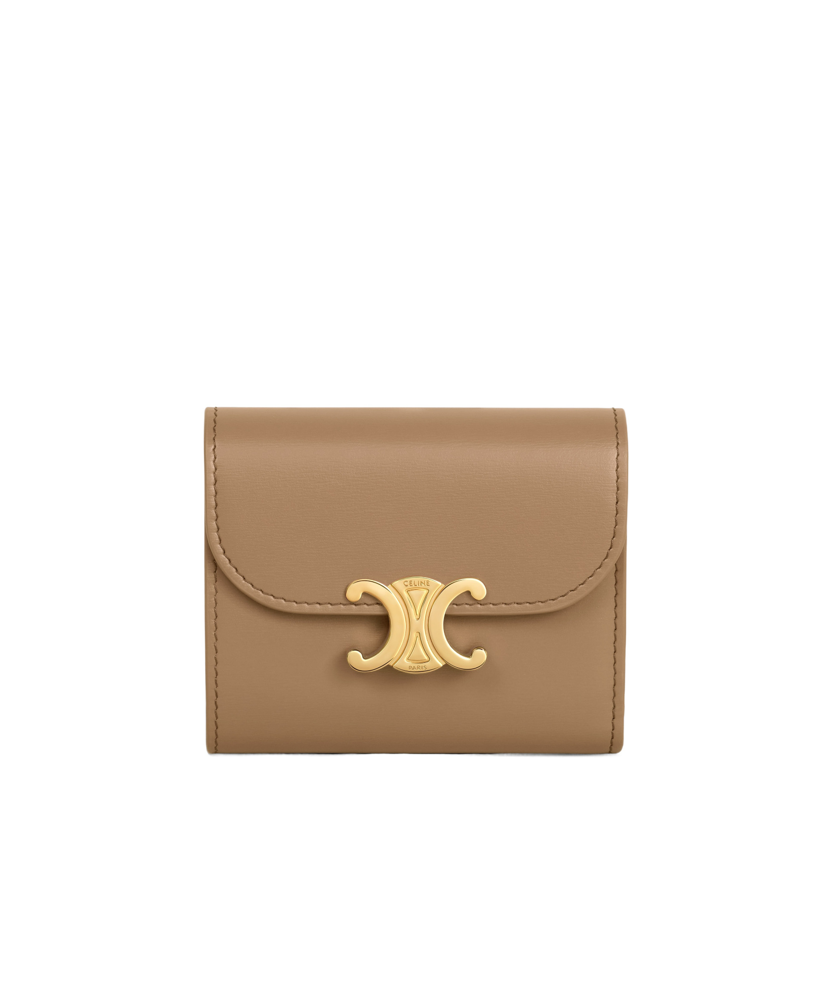 Celine Card Holder With Flap Triomphe In Shiny Calfskin In Dark Tan