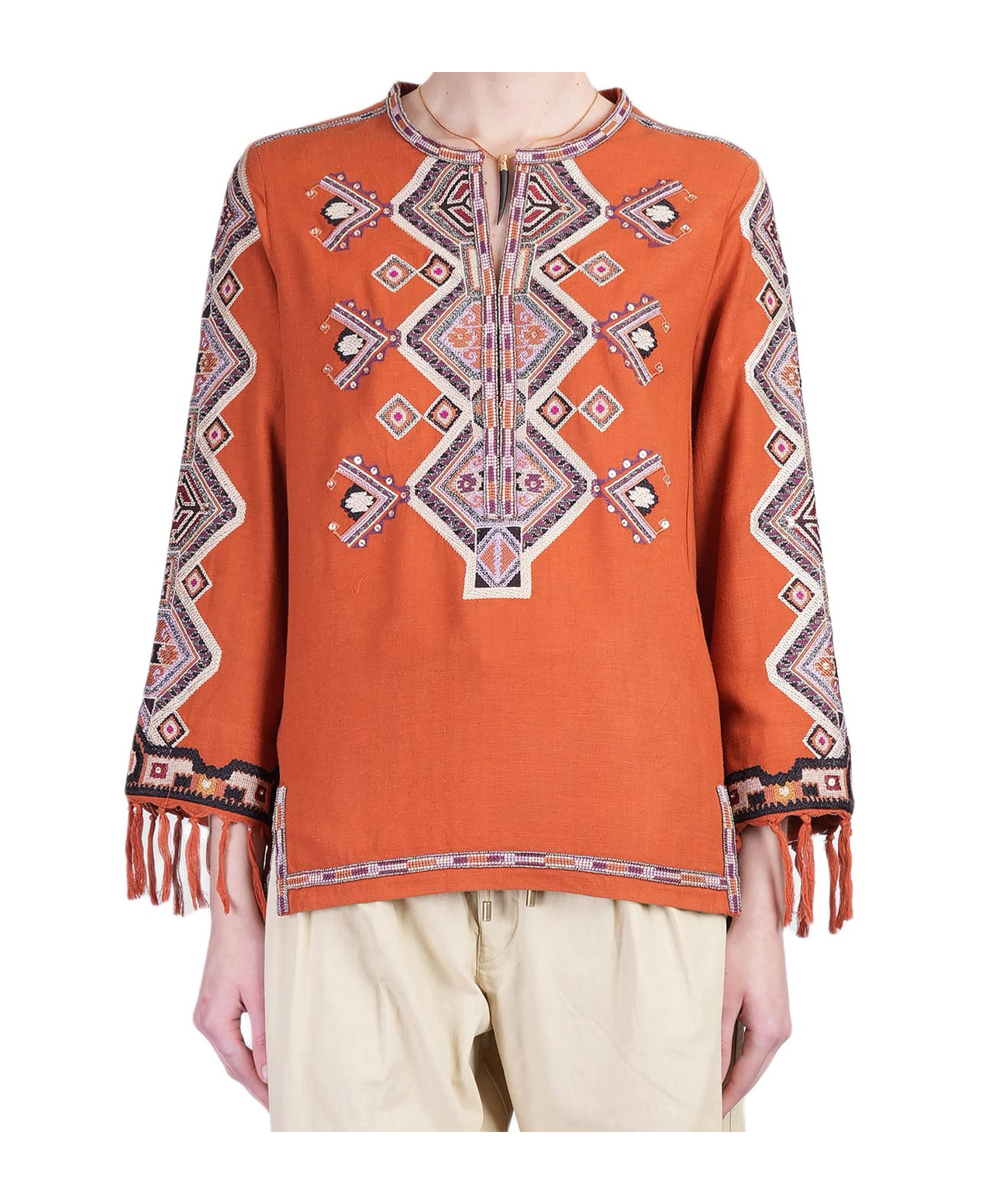 Isabel Marant Silk Blouse Embroidered Geometric Pattern In Orange
