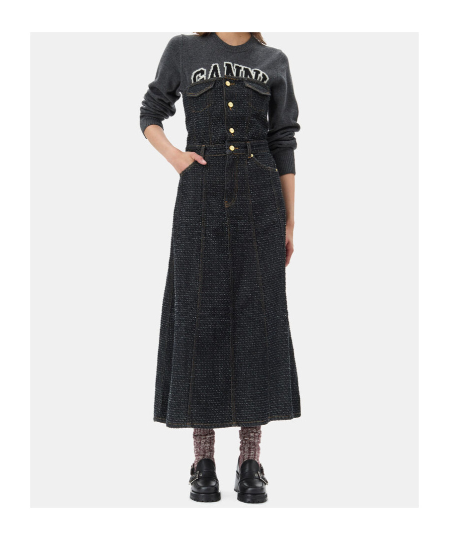 Ganni Black Fluffy Denim Corsage Maxi Dress In Black