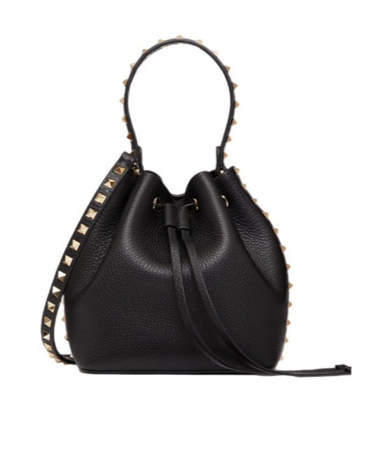 Valentino Rockstud Grainy Leather Bucket Bag In Black