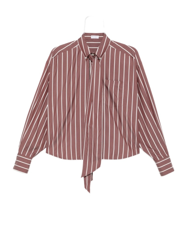 Brunello Cucinelli Striped Tie-neck Top In Gold
