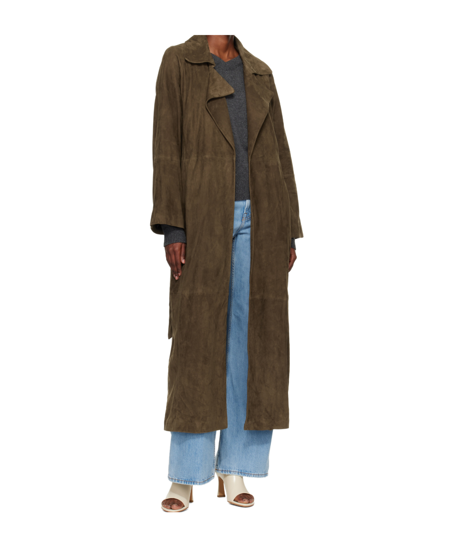 Nour Hammour Althea Belted Suede Coat In Green