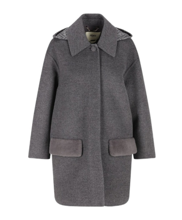 Fendi Long Sleeved Hooded Coat In Gray