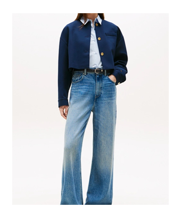 Tommy Hilfiger Gold-tone Button Collarless Cropped Blazer In Blue