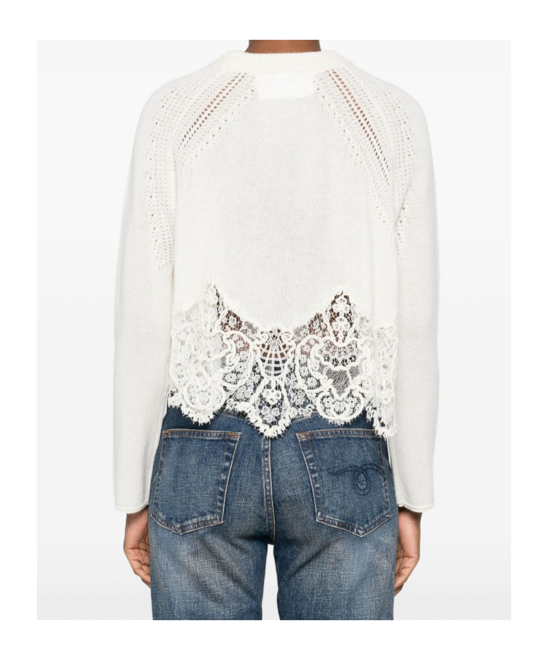Ermanno Scervino Cropped Cashmere Sweater Lace Hem In White