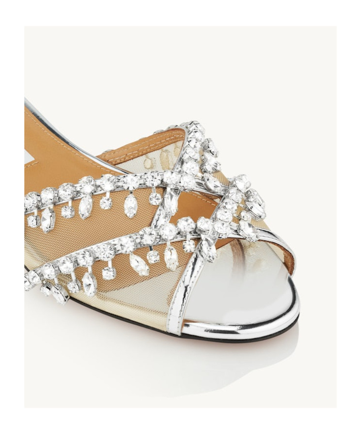 Aquazzura Temptation Crystal-embellished Mesh-trimmed Metallic Leather Slides In White
