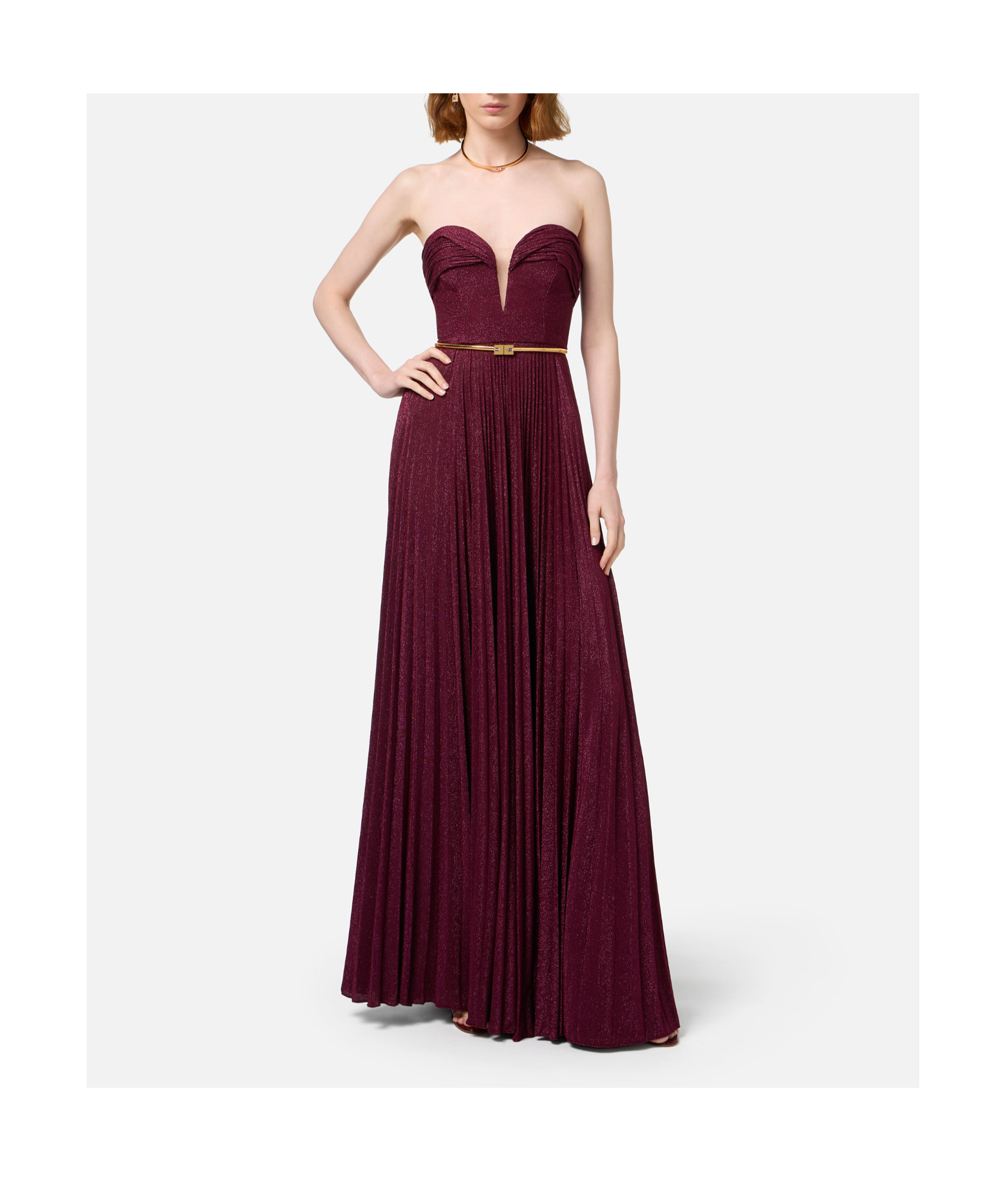 Elisabetta Franchi Pleated Lurex Jersey Red Carpet Dress With Belt In Red