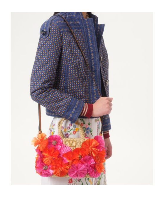 Valentino Borsa Shopping Vlogo Signature In Rafia Decorata  Donna In Natural/red