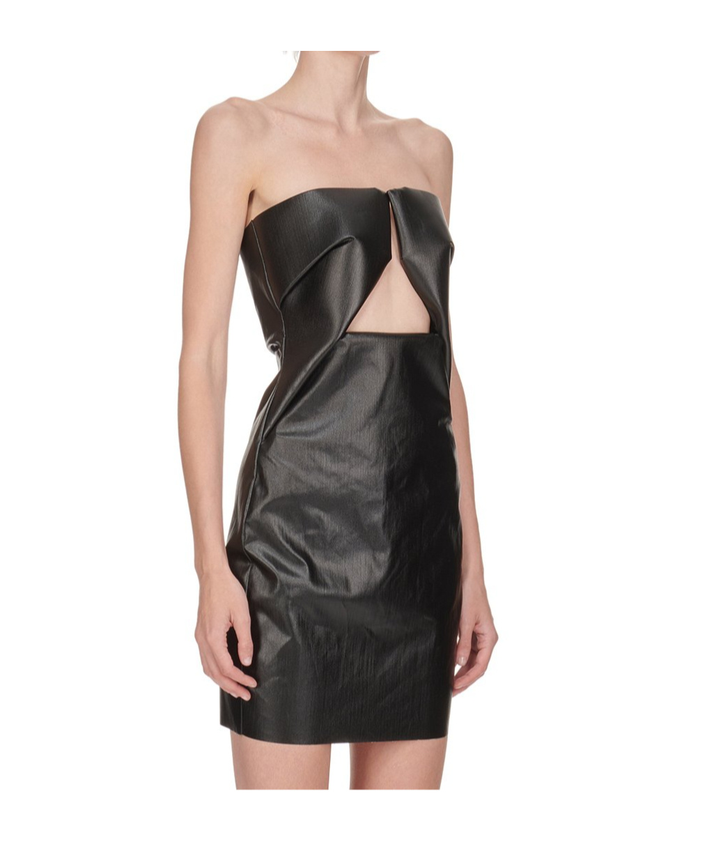 Rick Owens Prong Cutout Coated Denim Bustier Dress In Black