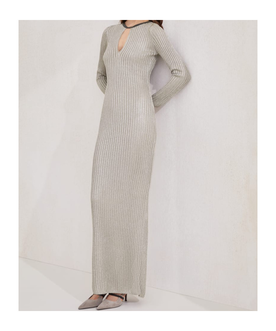Brunello Cucinelli Sparkling Knit Dress With Monili In Gray