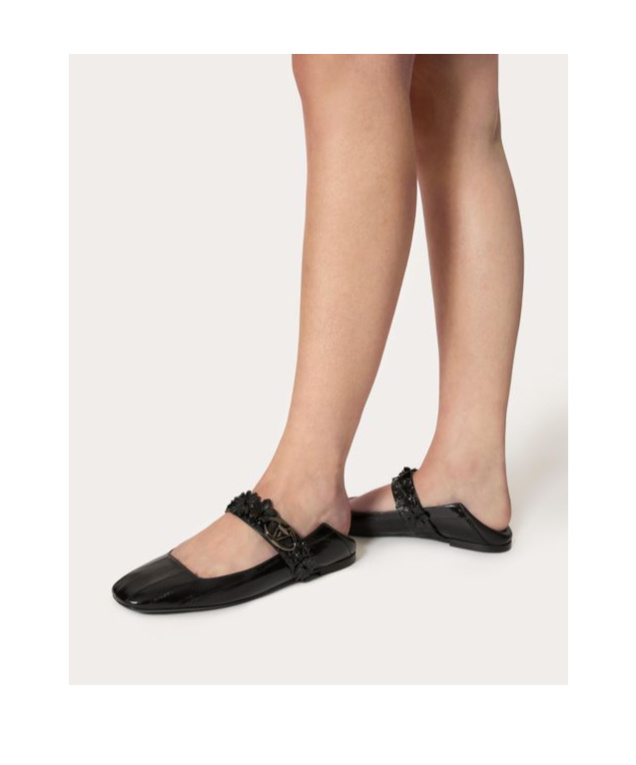 Valentino Garavani Vlogo Locker Mary-jane Ballerina In Eel With Flower Application Woman Black 37.5 In Black