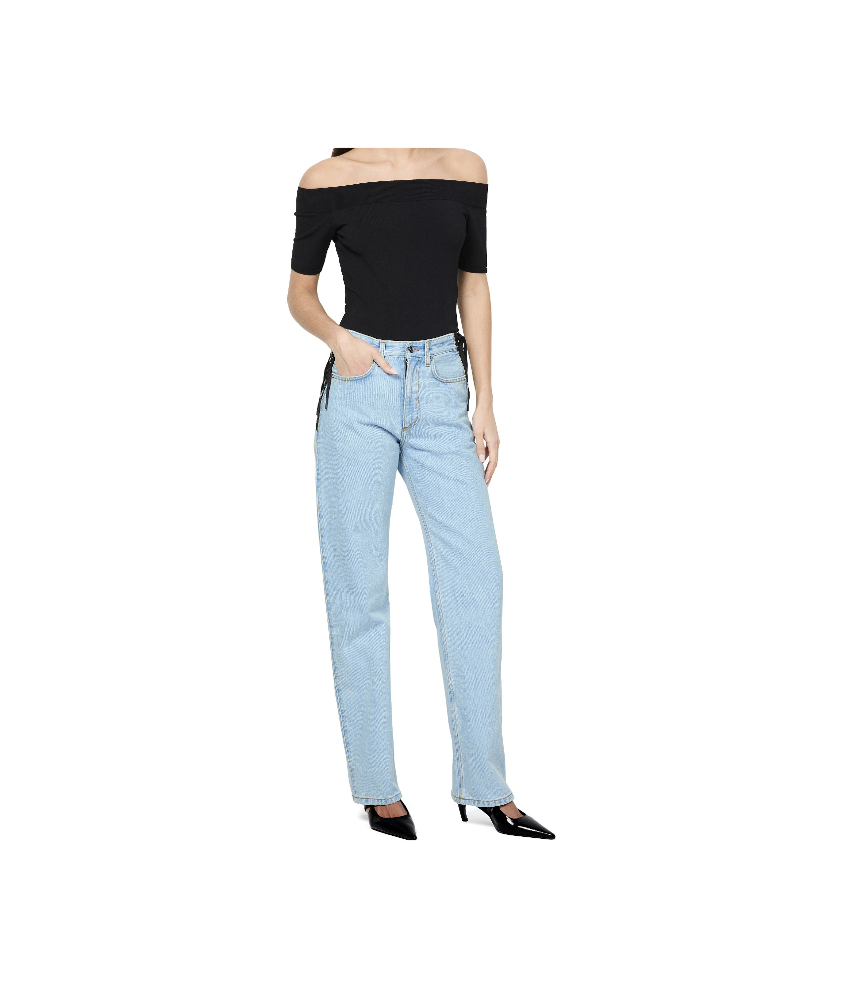 Mugler Lace-up Detail Denim Trousers With Back Pockets In Blue