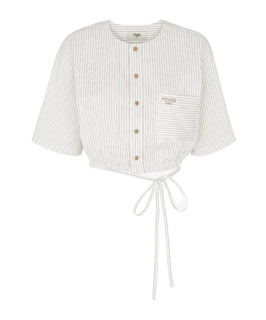 Fendi Striped Drawstring Hem Top With Chest Pocket In White