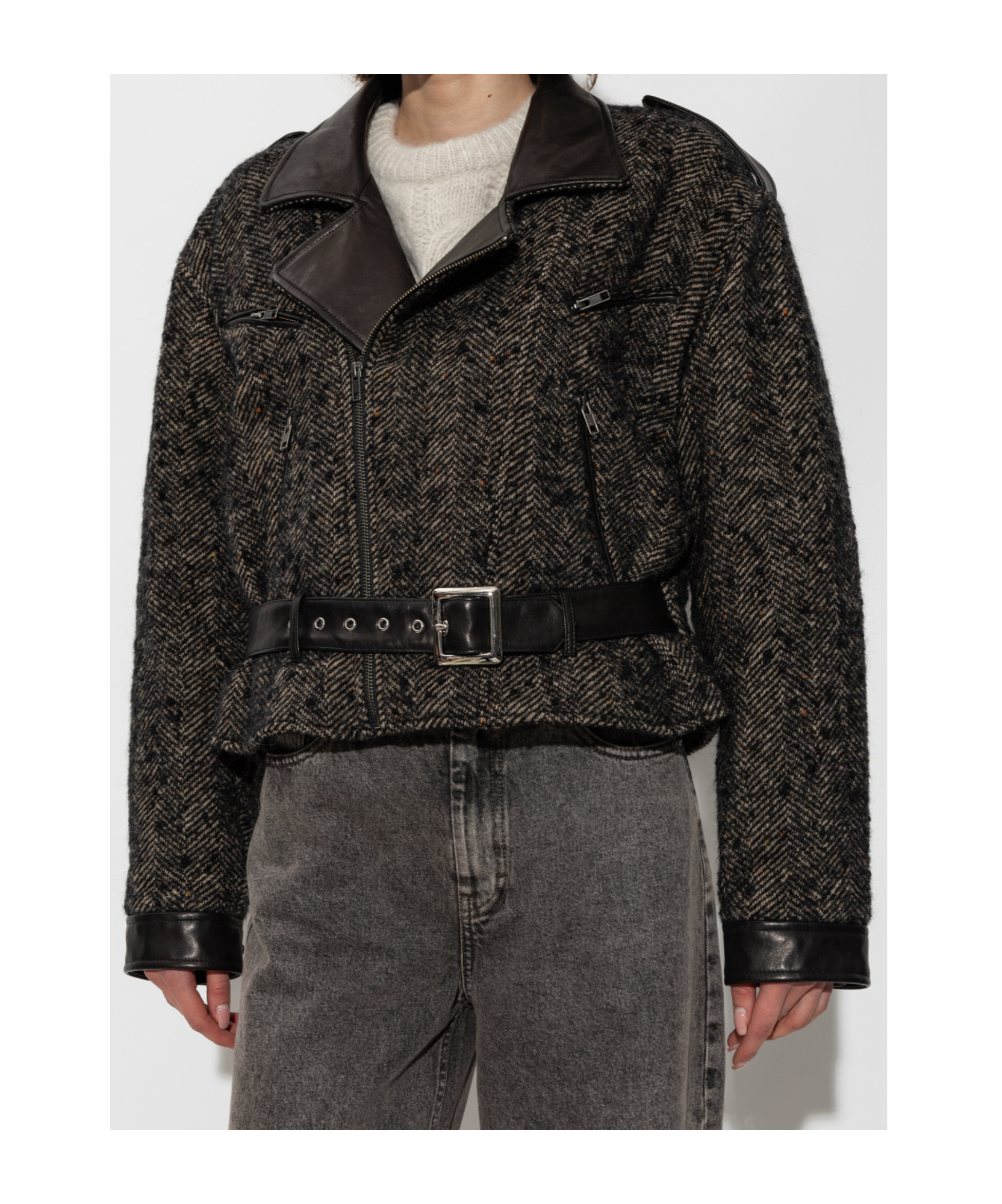 R13 Herringbone-pattern Biker Jacket In Black