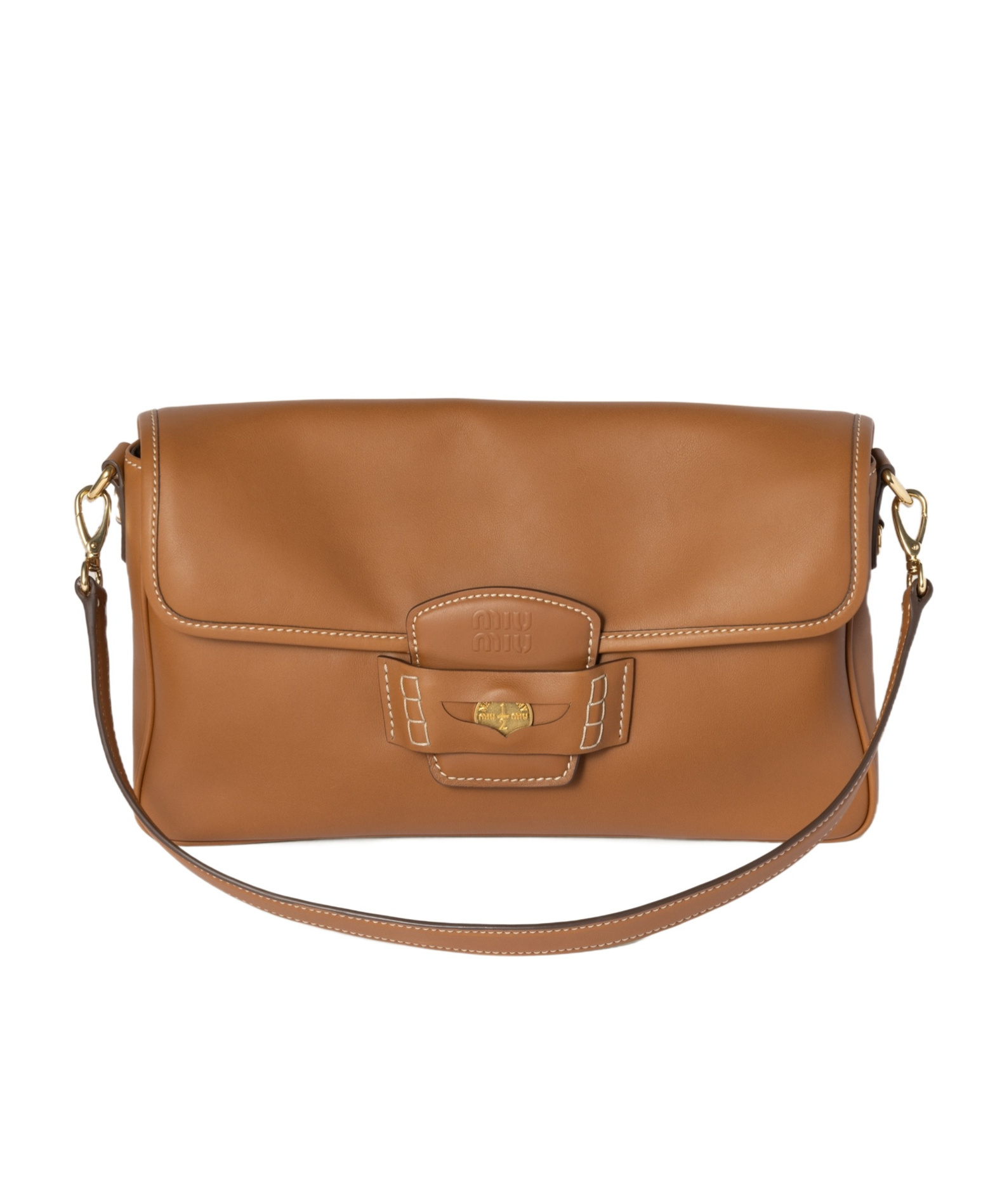 Miu Miu Leather Penny Shoulder Bag With Adjustable Strap In Brown