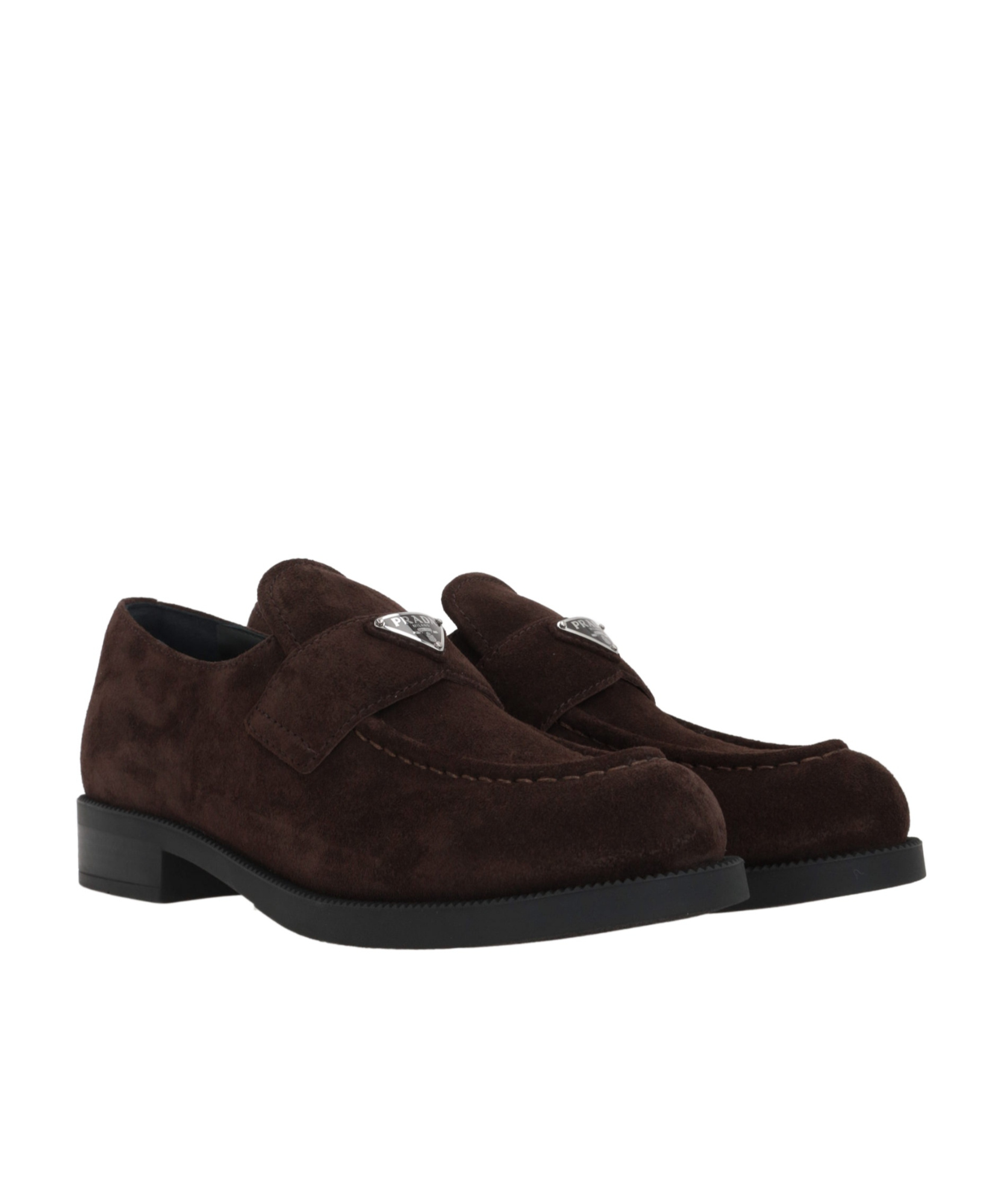 Prada Enamel Triangle-logo Suede Loafers In Brown