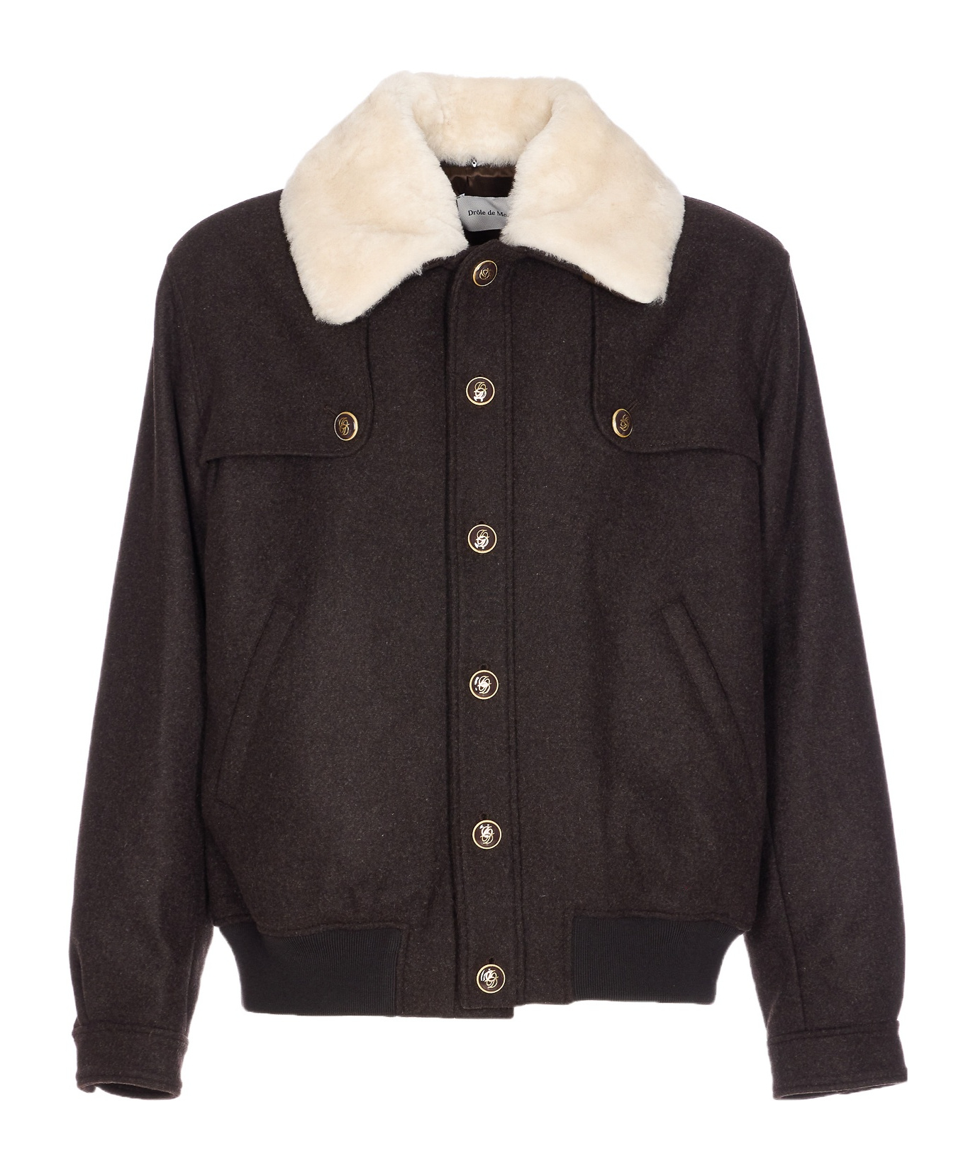 Drôle De Monsieur Long Sleeve Jacket With Faux Fur Collar In Brown