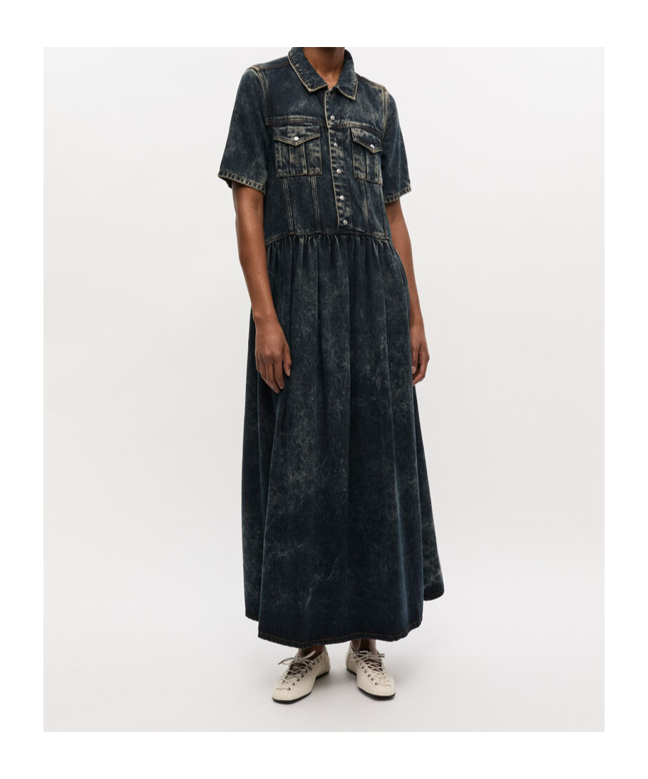 Ganni Light Denim Long Dress Black Washed In Black