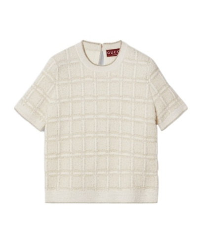 Gucci Checked Lamé Wool-blend Jacquard Top In White And Gold