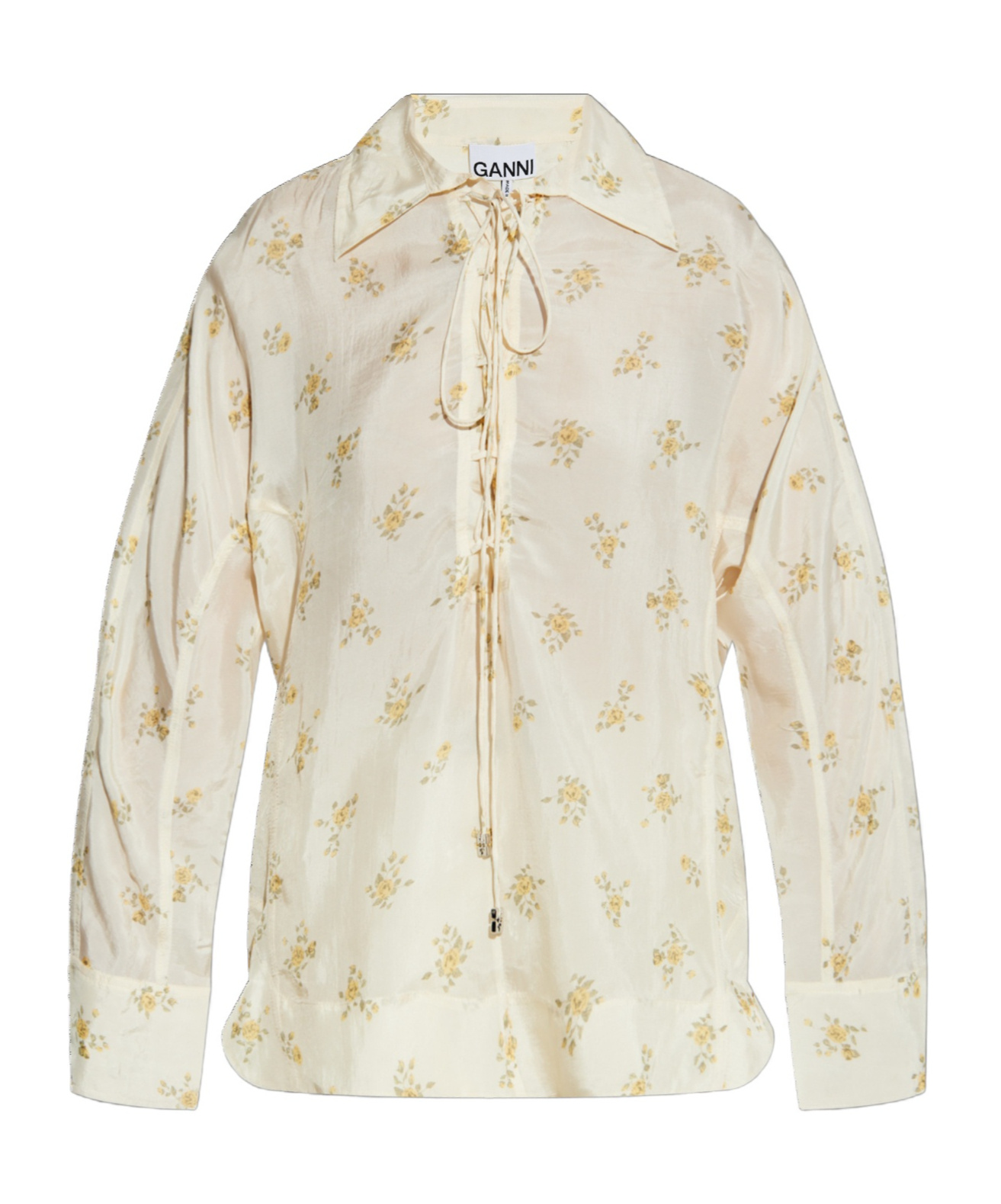 Ganni Off-white Floral Tie String Shirt In Yellow