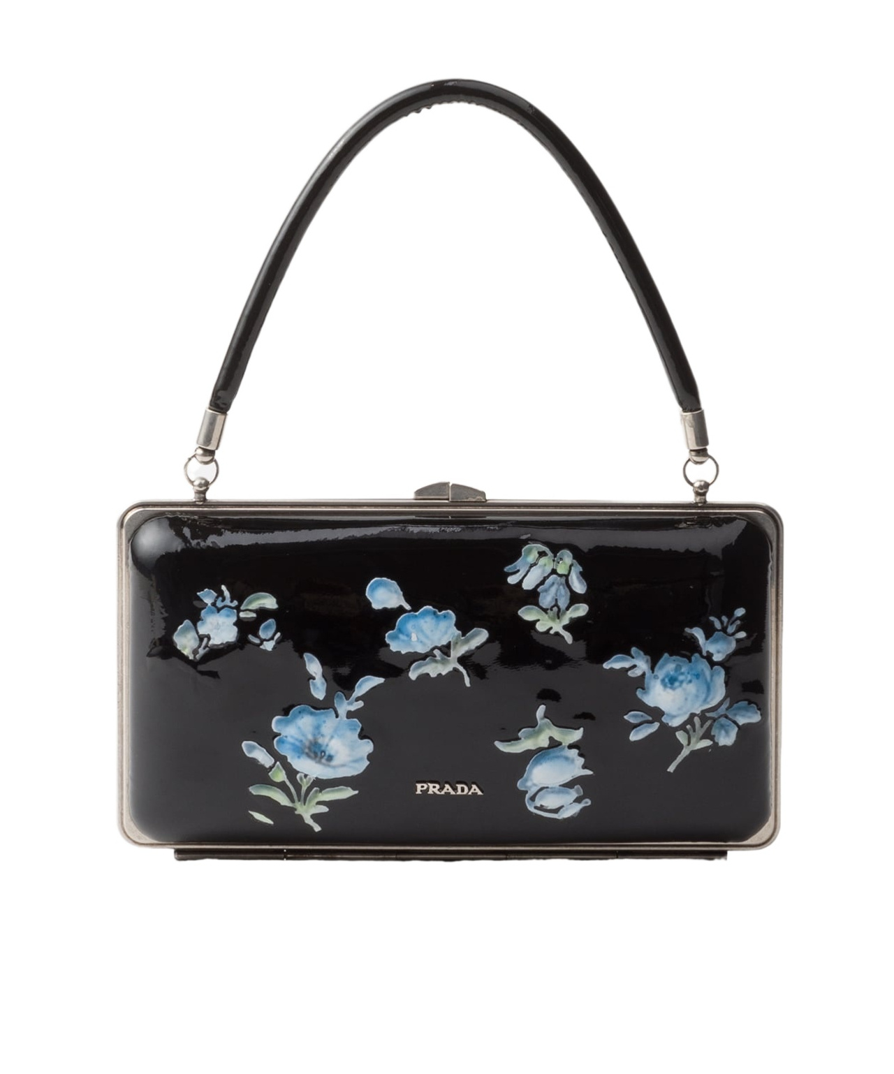 Prada Floral-printed Patent Leather Clutch In Black