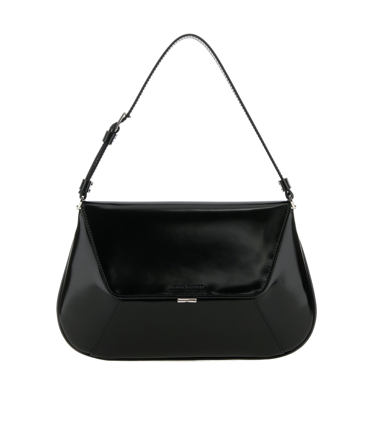 Amina Muaddi Leather Handbag With Curved Base And Reptile Motif Embossing In Black