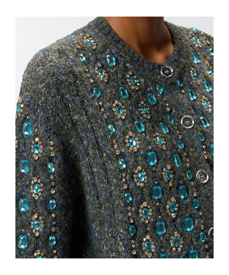 Pinko Knitted Muline Cardigan With Jewel Applications In Gray