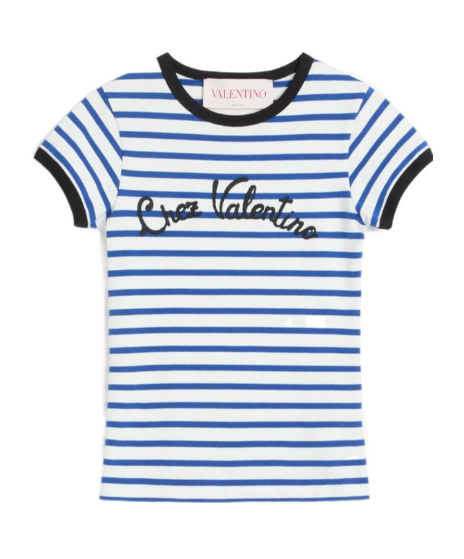 Valentino Womens Striped Embroidered Cotton-jersey T-shirt Avorio Blu In White