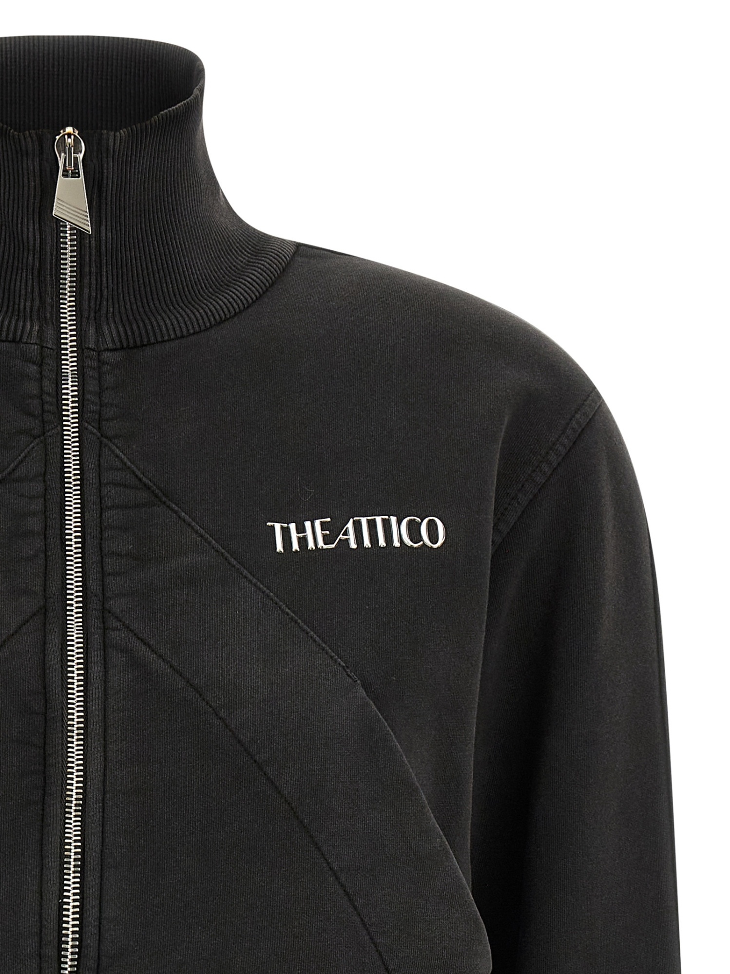 Attico Cropped Zip Fleece Ribbed Finish In Black