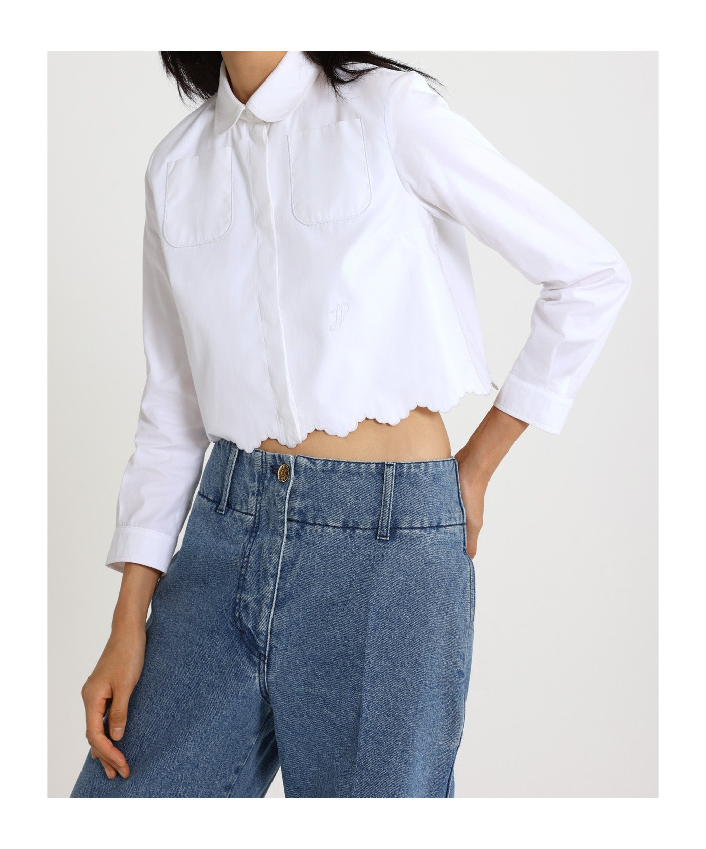 Shop Patou Cropped Scalloped Poplin Shirt In White