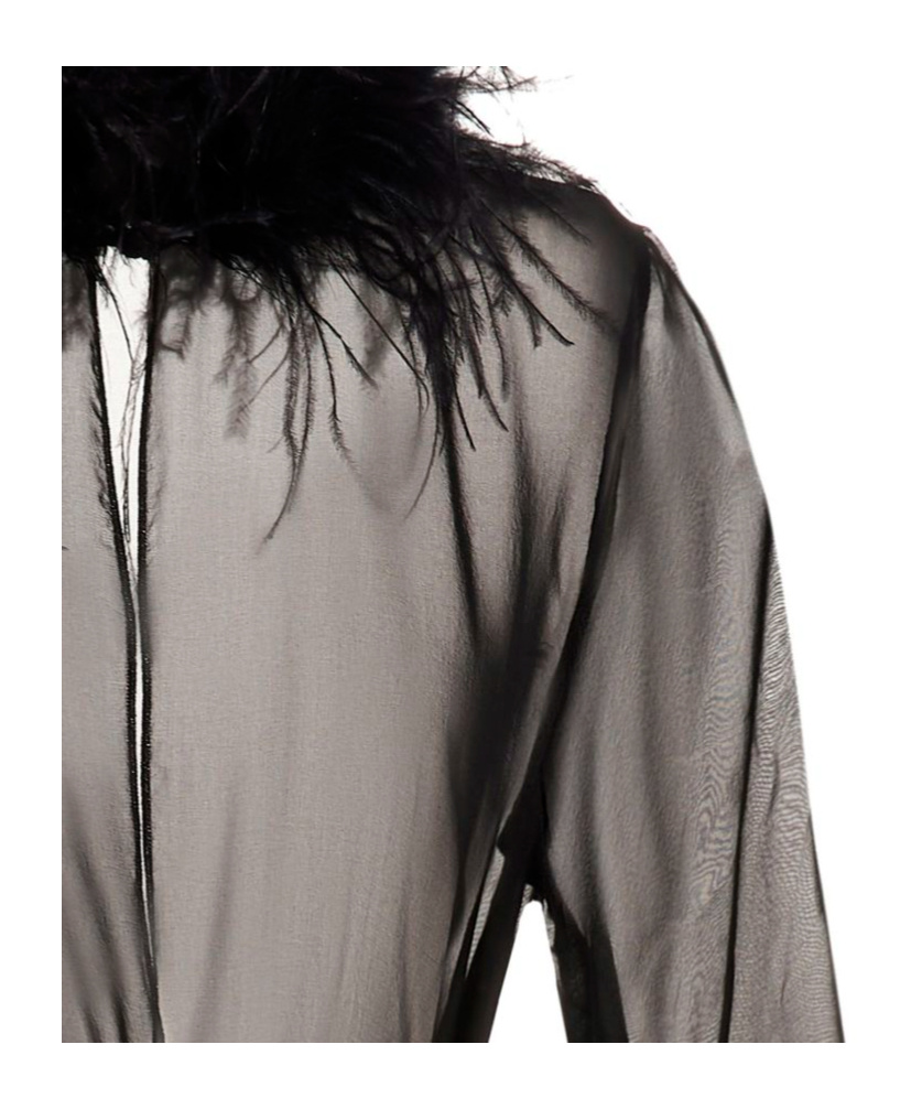 Oseree Plumage Feather-trimmed Chiffon Robe In Black
