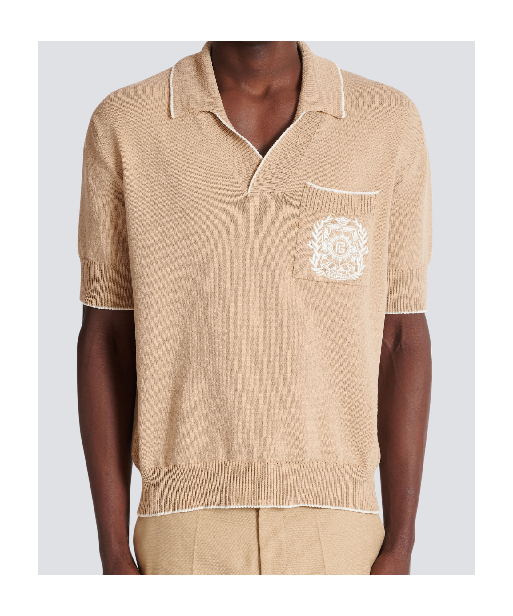 Shop Balmain Écusson Embroidered Knit Polo Shirt