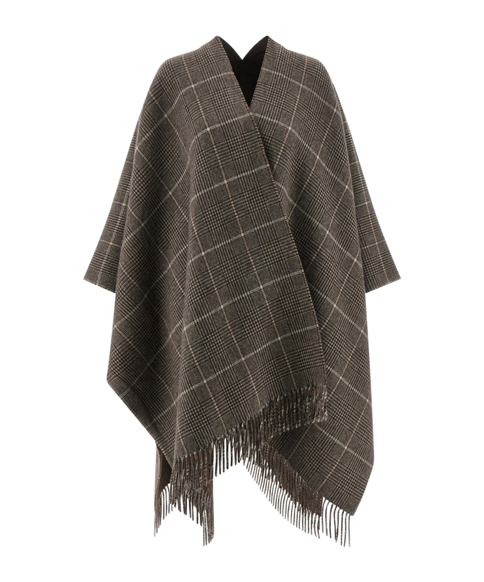 Brunello Cucinelli Reversible Poncho With Fringe And Plaid In Gray