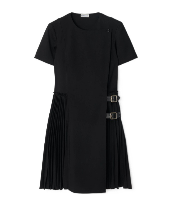 Burberry Virgin Wool Dress With Pleated Skirt And Buckles In Black