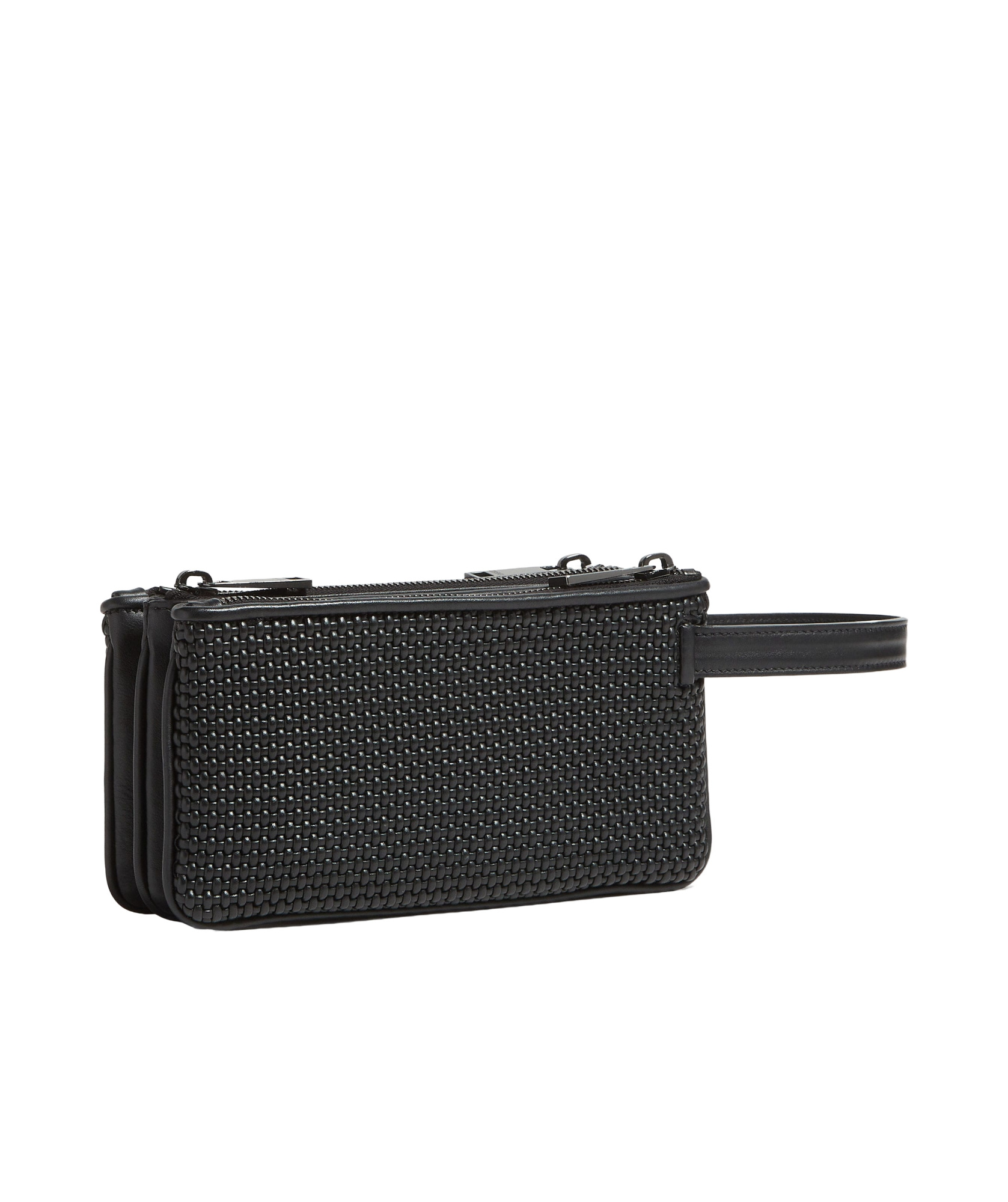 Zegna Pelletessuta Logo Lettering Triple Zip Pouch In Black