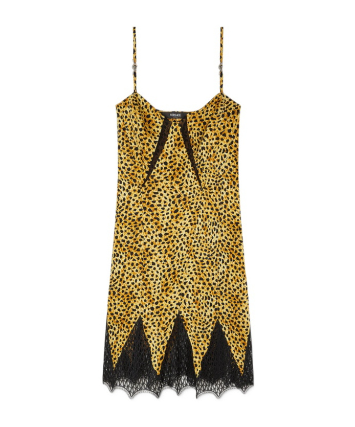 Versace Mini Robe Nuisette En Soie Cheetah Allover In Yellow