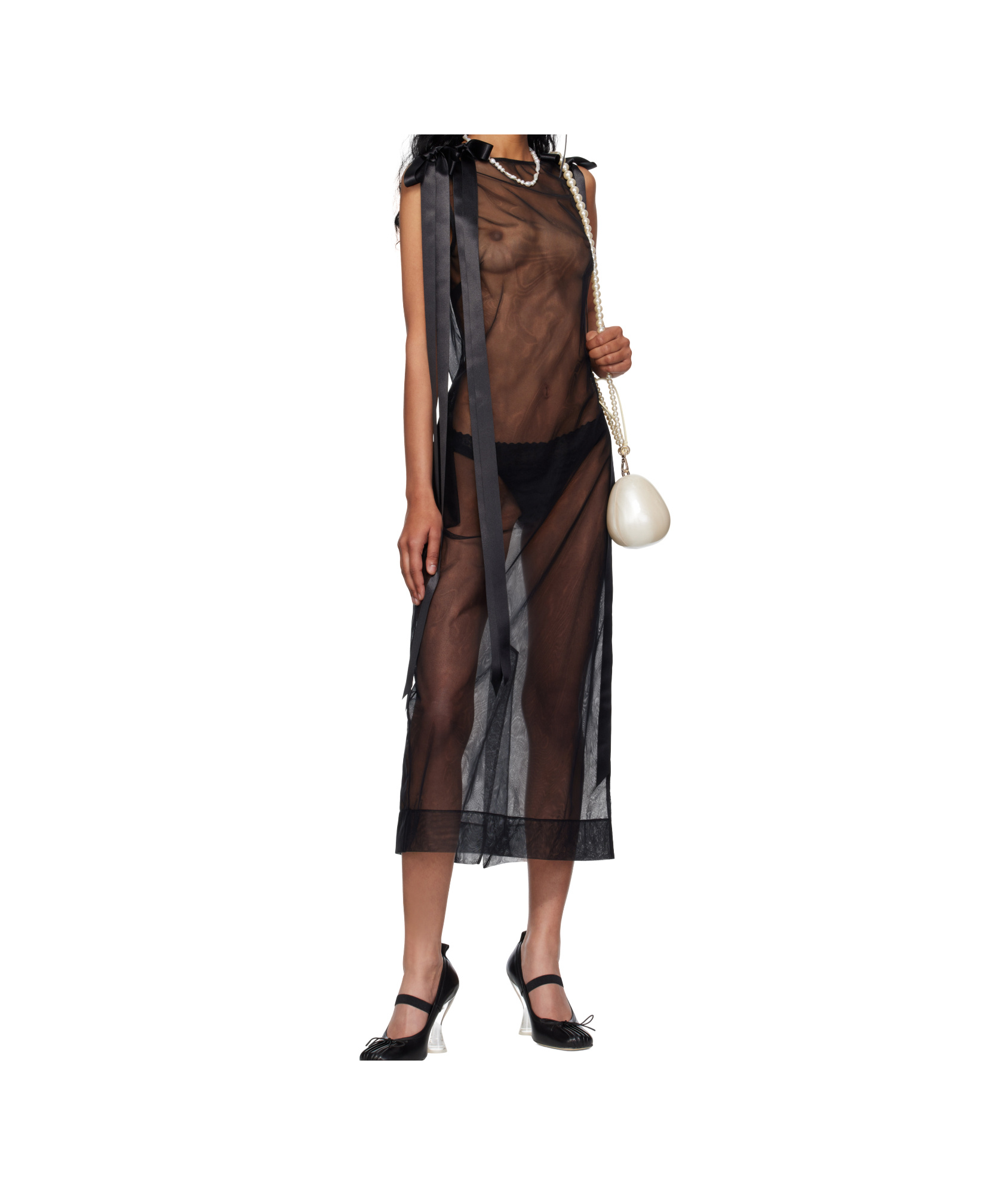 Simone Rocha Sheer Bow Ribbon Tail Dress In Black