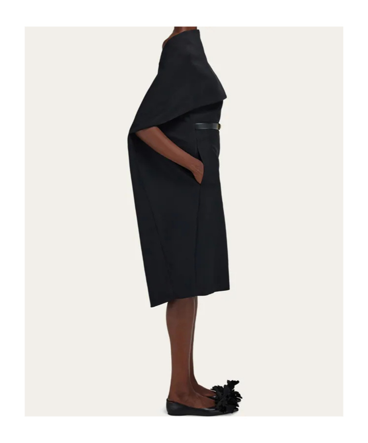 Ferragamo Belted Midi Dress With Billowing Front Panel In Black