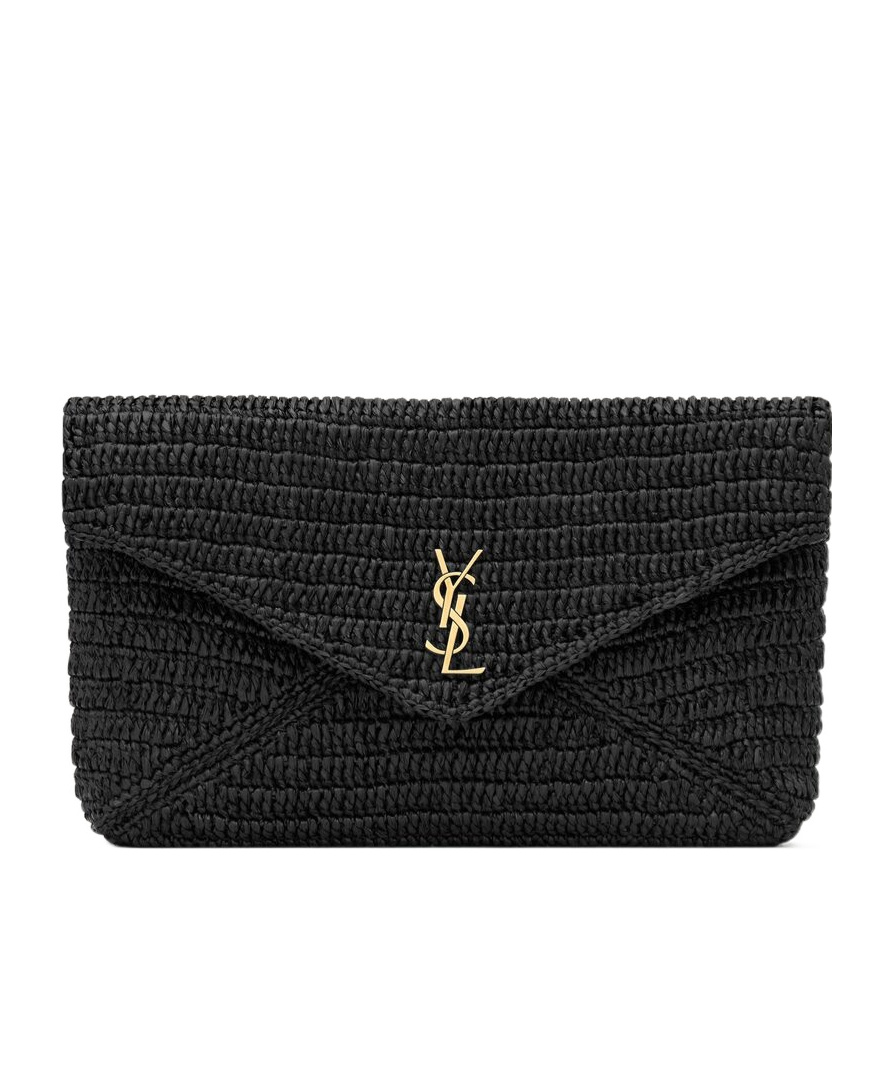 Saint Laurent Cassandre Large Envelope Pouch In Raffia In Black
