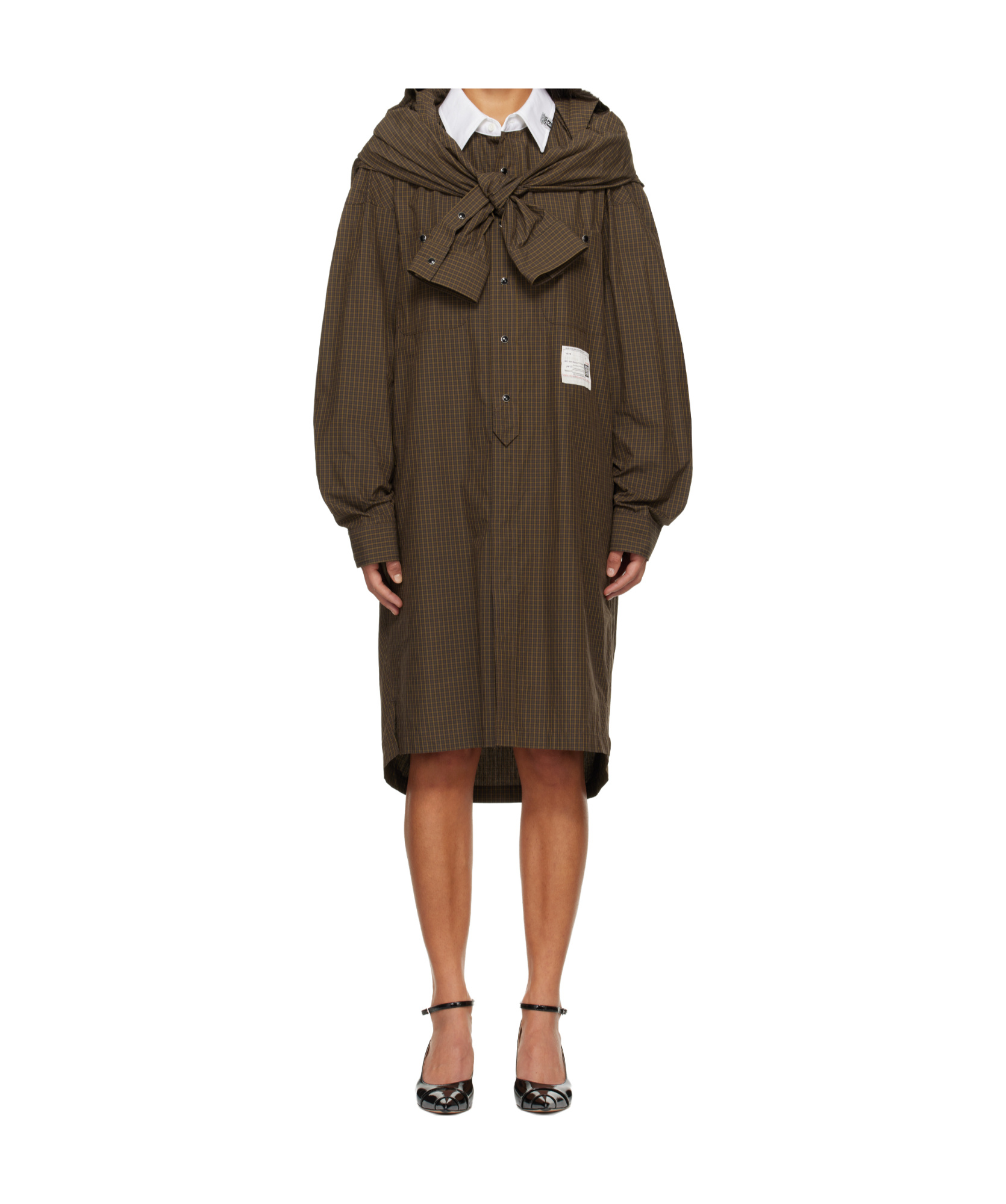 Miharayasuhiro Brown Sleeve Layered Check Shirt Midi Dress In Brown
