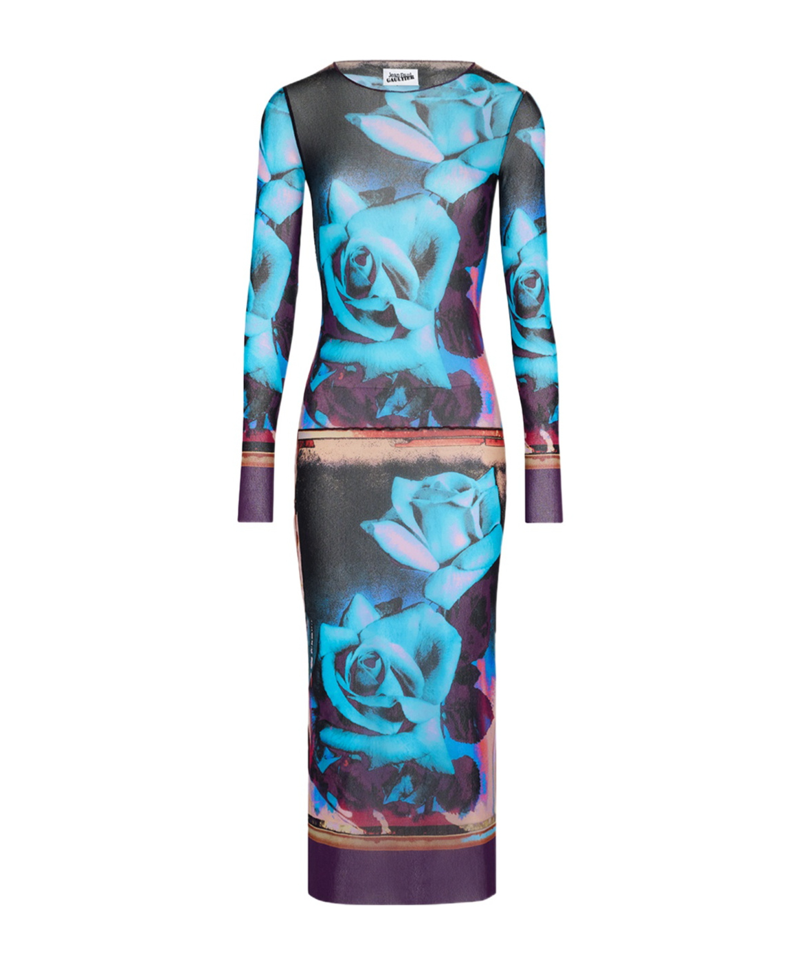Jean Paul Gaultier Rose Printed Mesh Long Sleeve Dress In Blue
