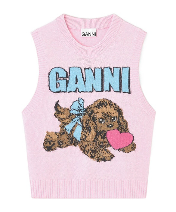 Ganni Puppy Wool-blend Crewneck Vest In Pink