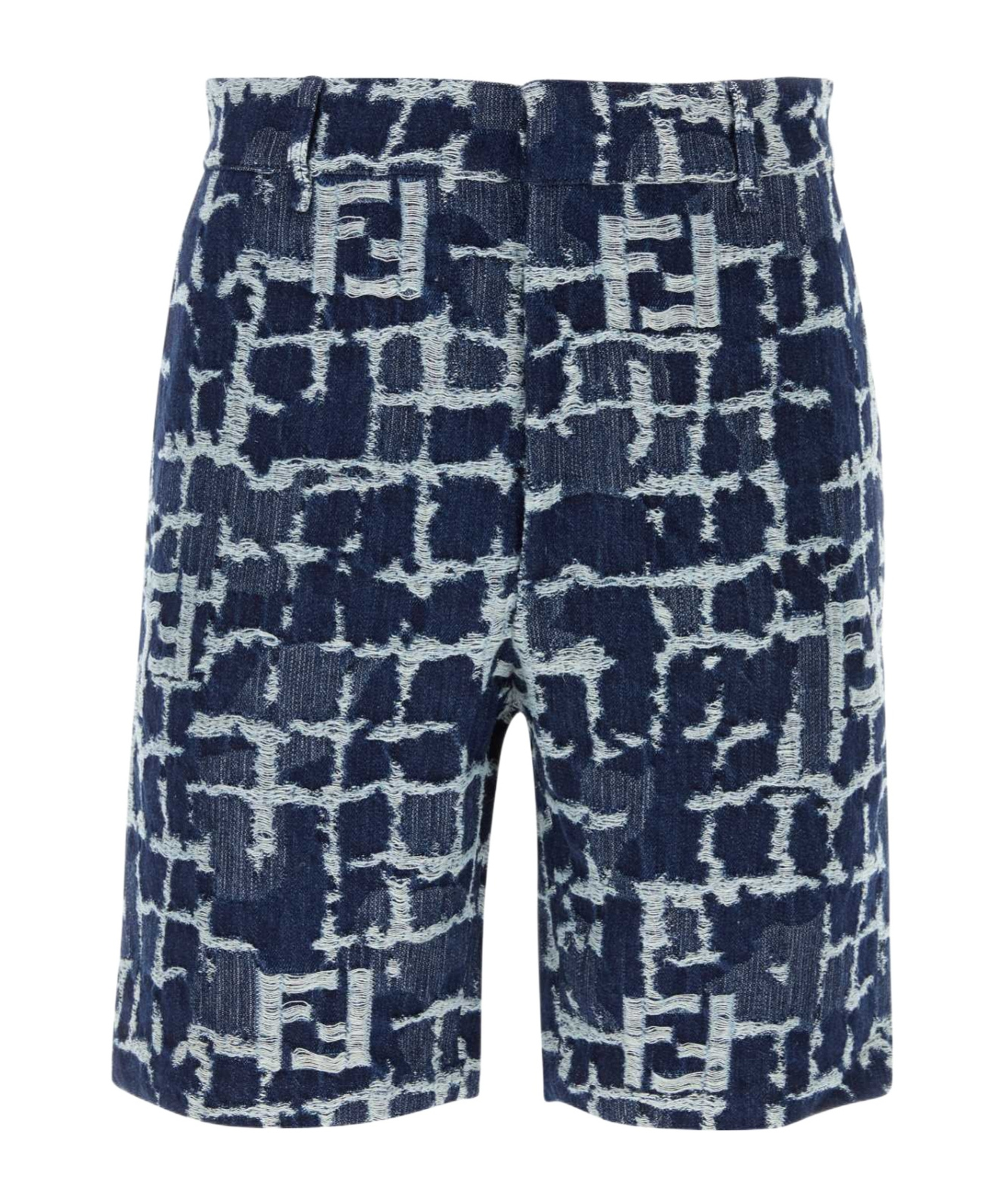 Fendi Blue Bermuda Shorts With Ff Print In Cotton And Linen Man In Blue