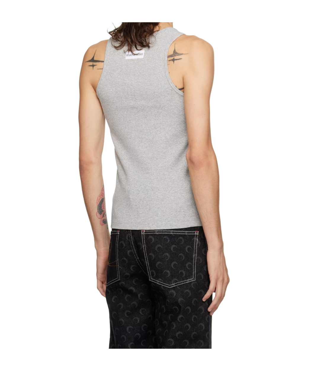 Marine Serre S Grey Logo-embroidered Ribbed Stretch-cotton Top In Black